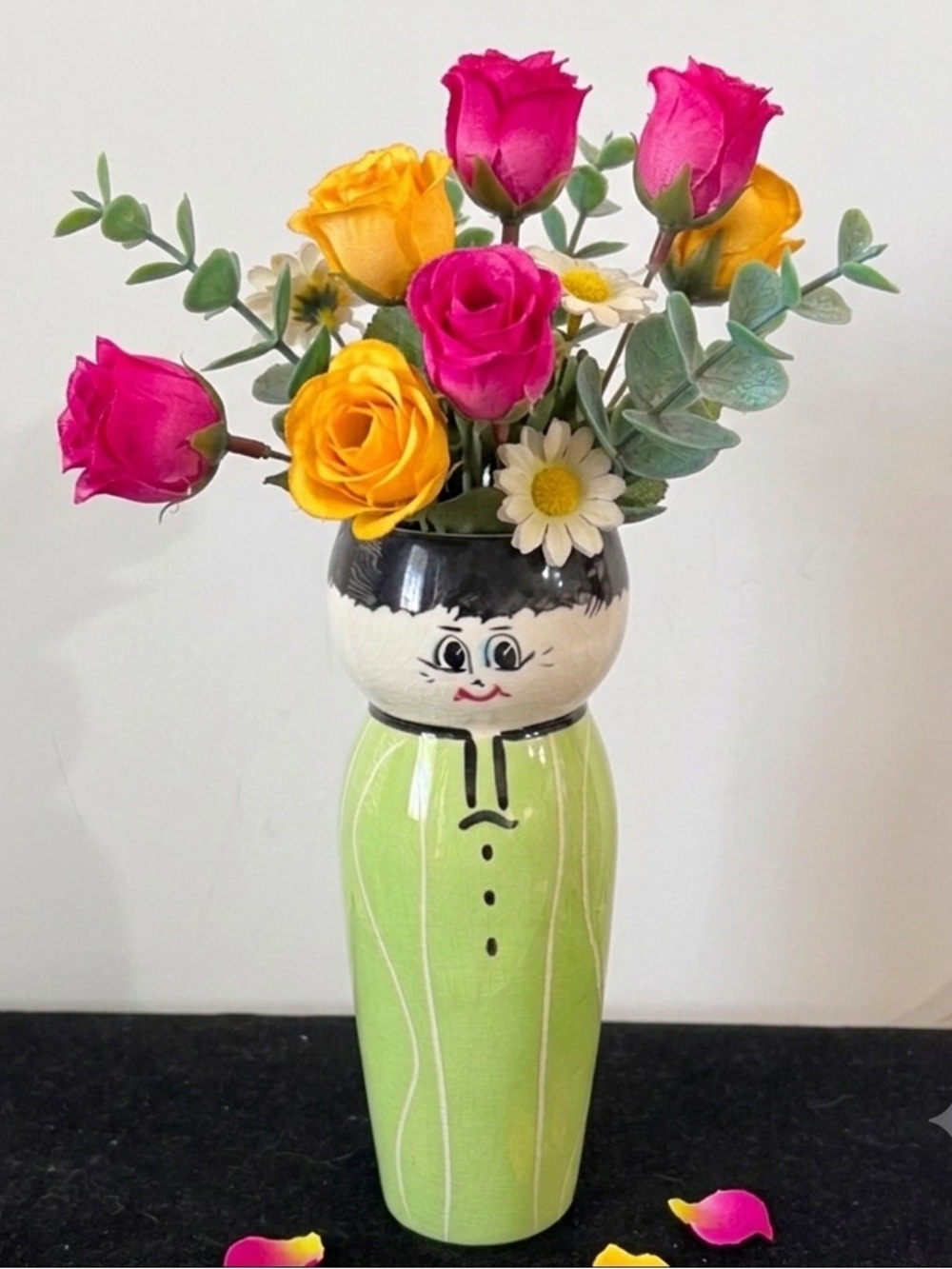 Hand-Painted Green Ceramic Painted Asian boy Vase